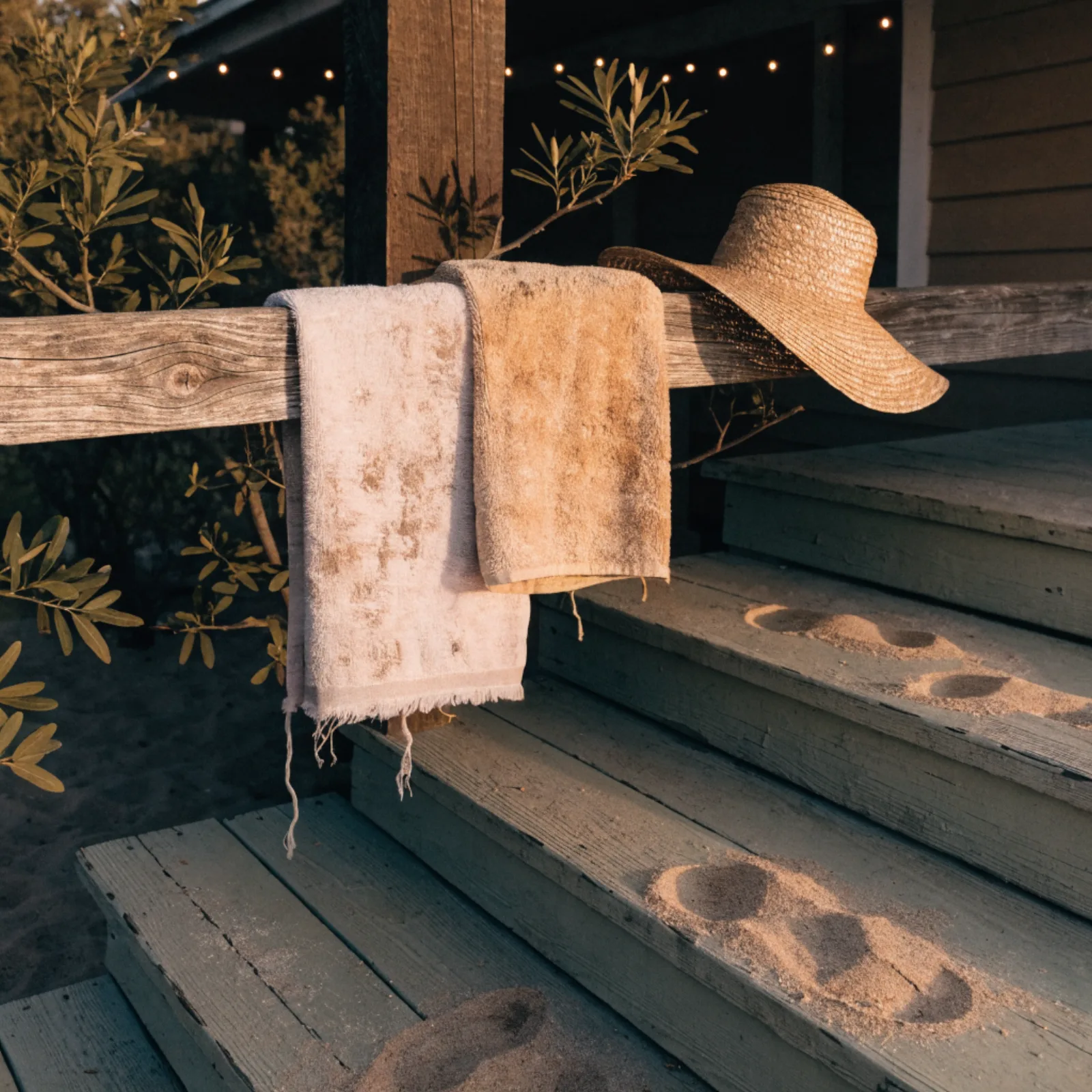 Weathered cottage porch at dusk with towels and a straw hat on the rail and sandy footprints on the steps